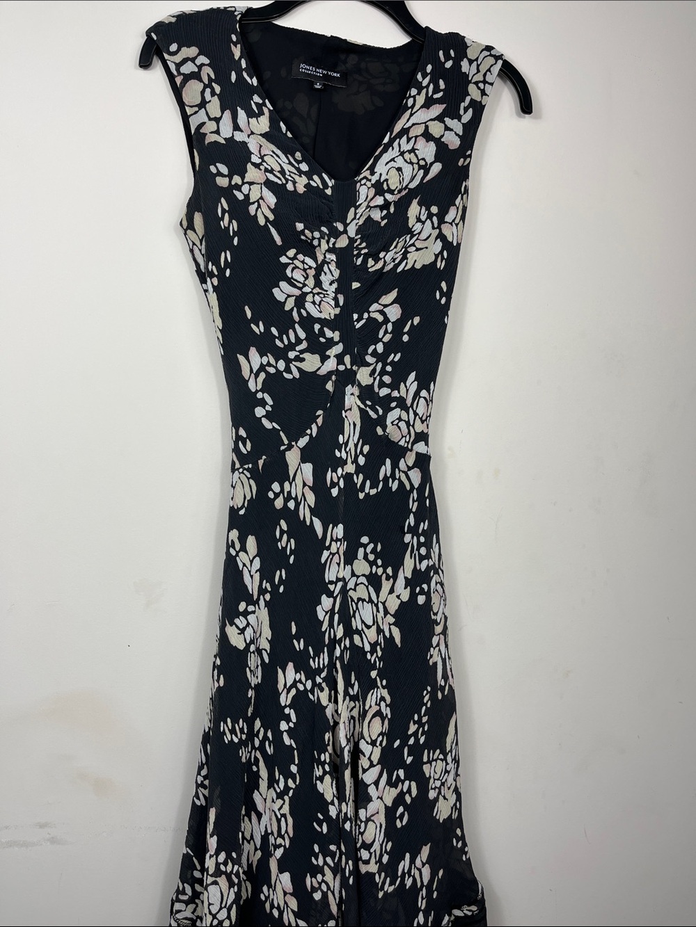 Jones New York Black Cream Floral Midi Dress Sleeveless V-Neck Fit Flare 6